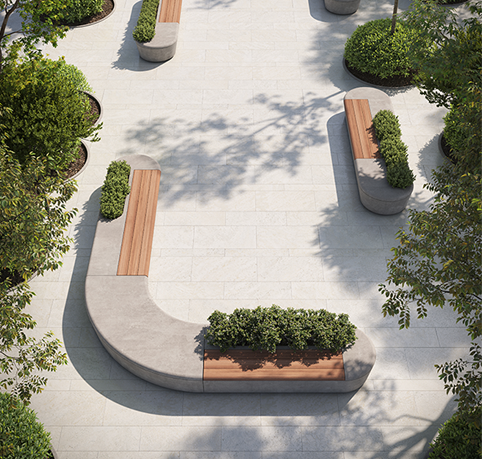 Breede gebogen Atoll zitmodule met plantenbak en houten afwerking